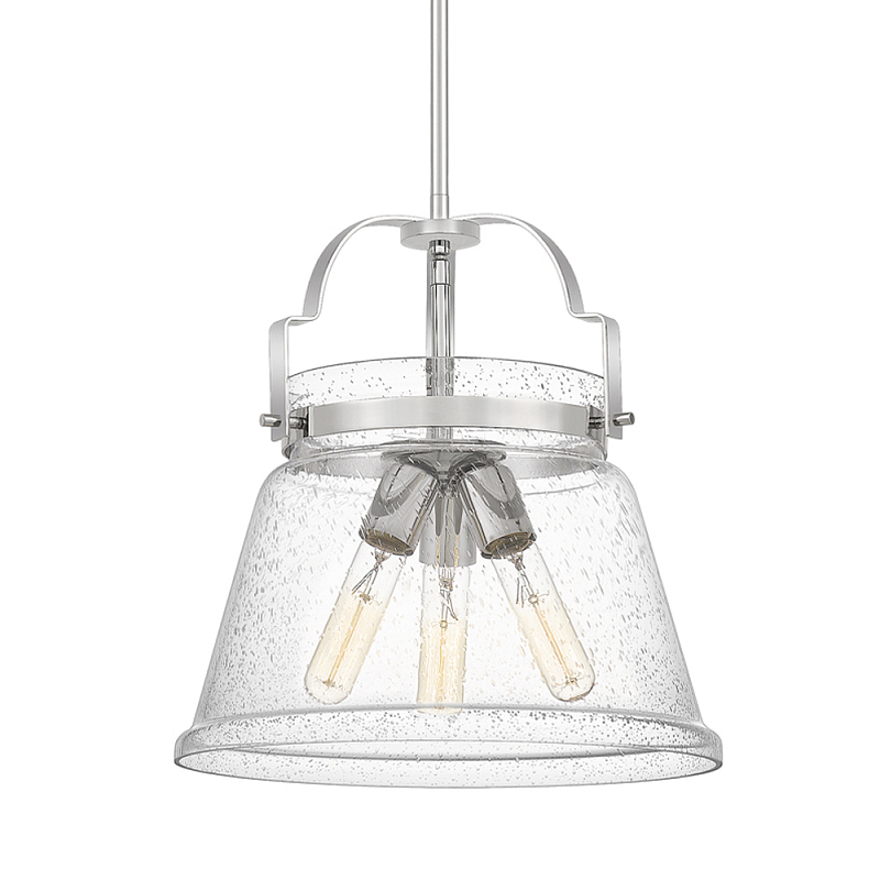 Подвесной светильник с прозрачным стеклянным плафоном в форме колокола с эффектом пузырьков и тремя лампами Quoizel Хром Латунь Прозрачное Стекло в Рязани | Loft Concept 