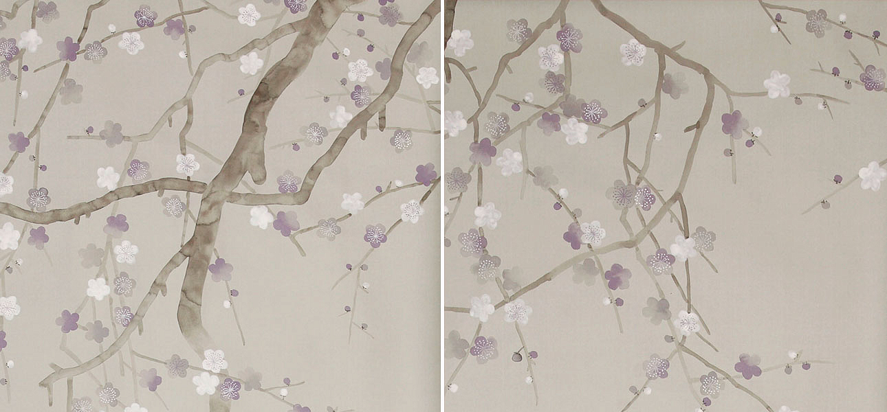 Обои ручная роспись Plum Blossom Special Colourway on Oyster Shell metallic silk Обои ручная роспись Plum Blossom Special Colourway on Oyster Shell metallic silk - Loft-Concept в Рязани