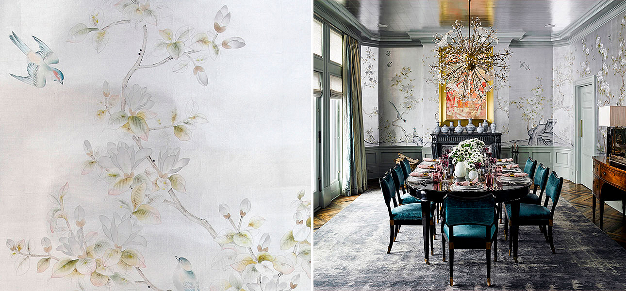 Обои ручная роспись Japanese Garden Special Colourway on Ocean Silver gilded silk Обои ручная роспись Japanese Garden Special Colourway on Ocean Silver gilded silk - Loft-Concept в Рязани