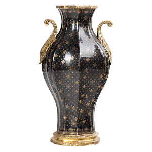 Ваза черного цвета из фарфора с золотистым узором и бронзовыми ручками Высота 39.5 см Eden Garden porcelain and bronze