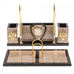 Настольный письменный набор из бежевого мрамора с часами и гербом Marble Accessory варинант исполнения - 1 | Loft Concept в Рязани