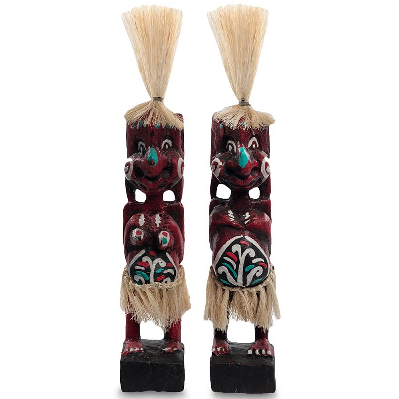Комплект из 2-х деревянных статуэток Asmat Straw Headdress Statuettes Red Turquoise Красный Бежевый Бирюзовый Белый Мульти Комплект из 2-х деревянных статуэток Asmat Straw Headdress Statuettes Red Turquoise Красный Бежевый Бирюзовый Белый Мульти в Рязани | Loft Concept