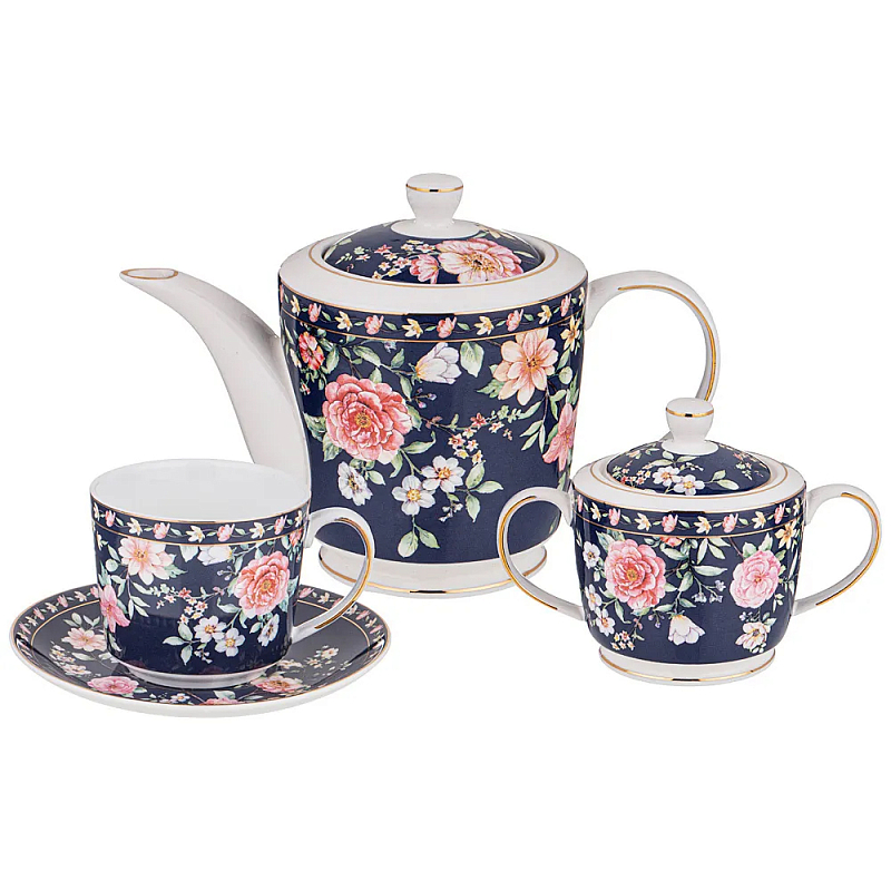Чайный сервиз из фарфора синий на 6 персон 14 предметов Flower Porcelain Collection Синий Мульти Чайный сервиз из фарфора синий на 6 персон 14 предметов Flower Porcelain Collection Синий Мульти в Рязани | Loft Concept