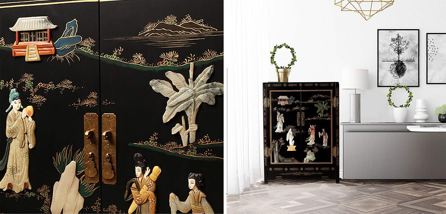 Черный Двухдверный Комод в Китайском стиле с каменным Барельефом Black Chinese Chest of drawers Черный Двухдверный Комод в Китайском стиле с каменным Барельефом Black Chinese Chest of drawers - Loft-Concept в Рязани