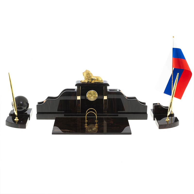 Настольный письменный набор из чёрного обсидиана с декором в виде льва Golden Lion Коричневый Бронза Настольный письменный набор из чёрного обсидиана с декором в виде льва Golden Lion Коричневый Бронза в Рязани | Loft Concept
