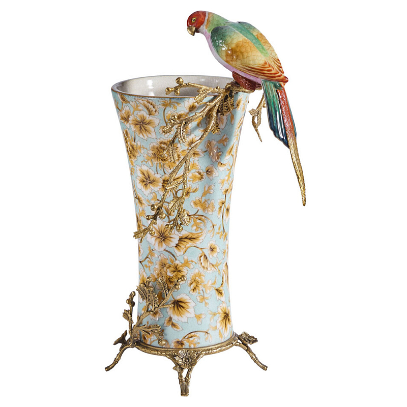 Ваза фарфоровая с птицей на бронзовой ветке Garden of Eden Бронза Мульти в Рязани | Loft Concept 