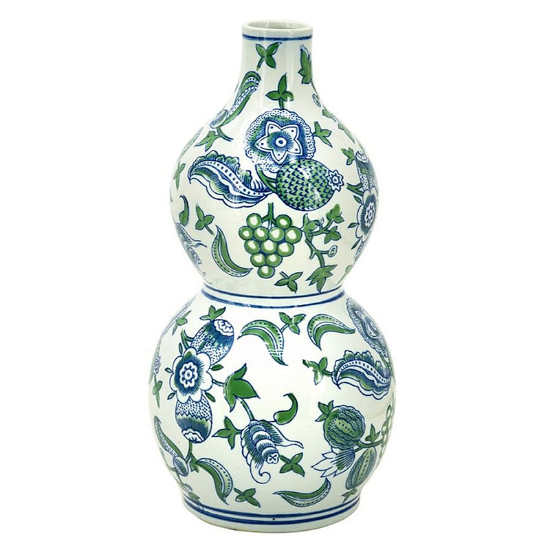 Ваза фигурная с сине-зелеными узорами распустившихся цветов Blossoming Spring Зеленый Белый Синий в Рязани | Loft Concept 