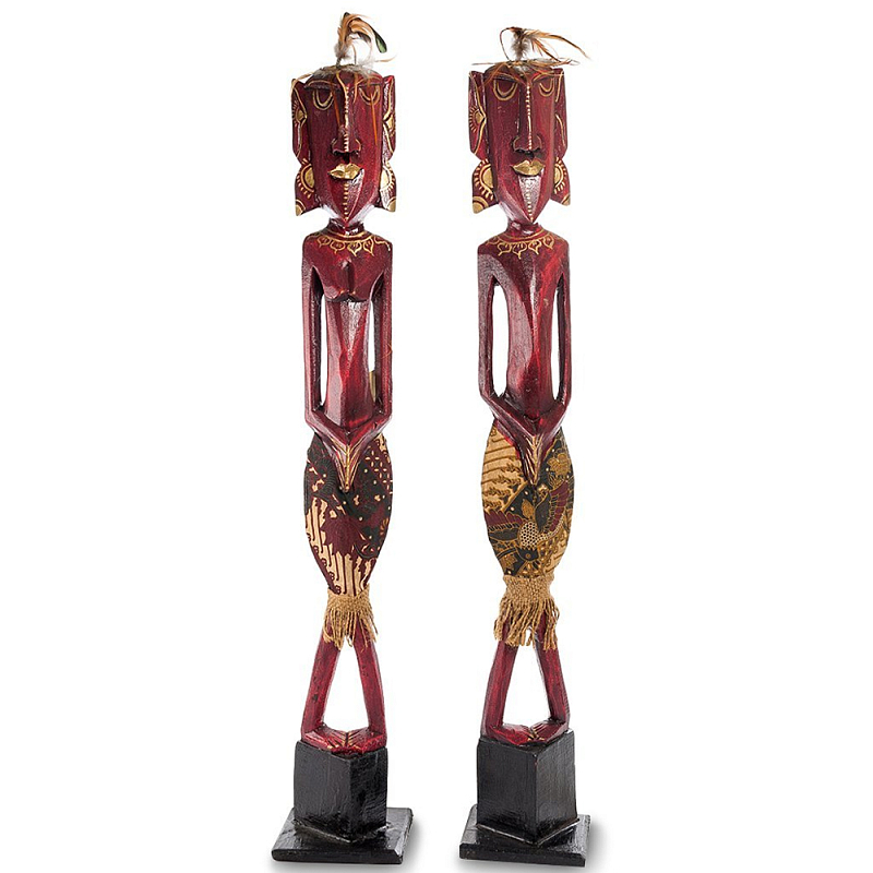 Комплект из 2-х деревянных статуэток Asmat Tall Red Statuettes Красный Золотой Черный Комплект из 2-х деревянных статуэток Asmat Tall Red Statuettes Красный Золотой Черный в Рязани | Loft Concept