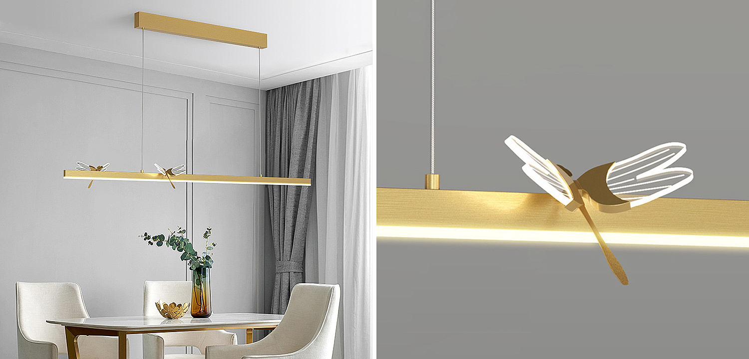 Линейный светильник со стрекозами Dragonfly Linear Chandelier Gold Линейный светильник со стрекозами Dragonfly Linear Chandelier Gold - Loft-Concept в Рязани