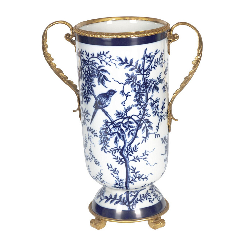 Ваза с бронзовыми ручками и синим цветочным узором Blue & White Ornament Синий Белый Бронза в Рязани | Loft Concept 