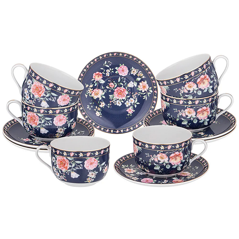 Чайный набор из фарфора синий на 6 персон 12 предметов Flower Porcelain Collection Синий Мульти Чайный набор из фарфора синий на 6 персон 12 предметов Flower Porcelain Collection Синий Мульти в Рязани | Loft Concept
