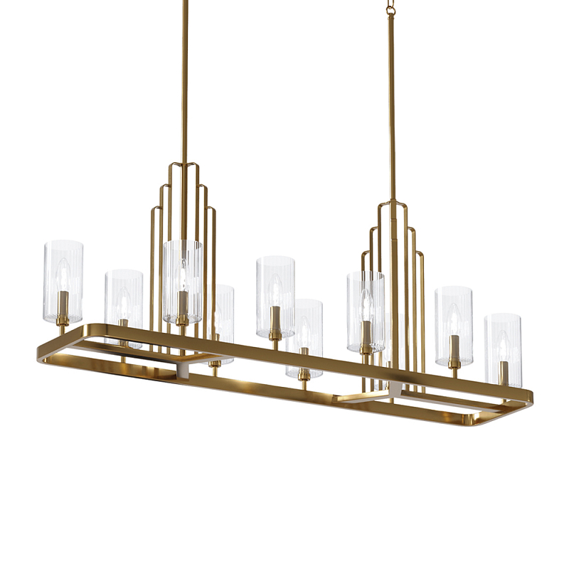 Люстра прямоугольная цвета латунь с прозрачными рифлеными цилиндрическими плафонами Kichler Латунь Прозрачное Стекло Никель в Рязани | Loft Concept 