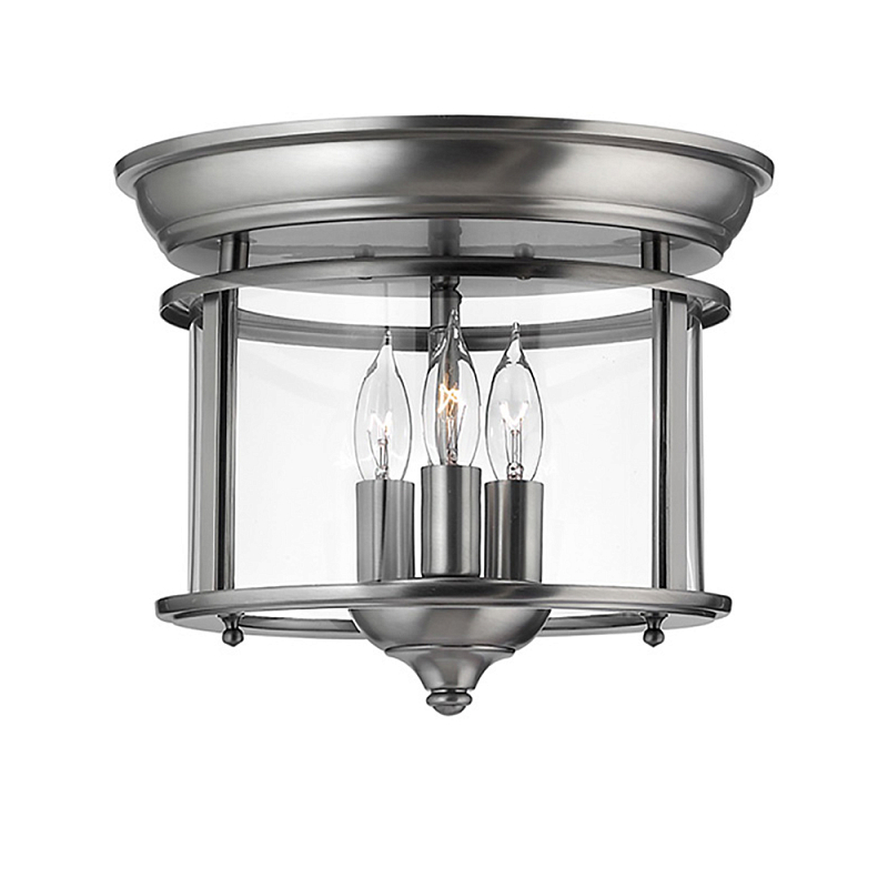 Потолочный светильник в форме фонаря с прозрачным цилиндрическим плафоном и тремя лампами в форме свечей Hinkley Латунь Прозрачное Стекло Олово в Рязани | Loft Concept 