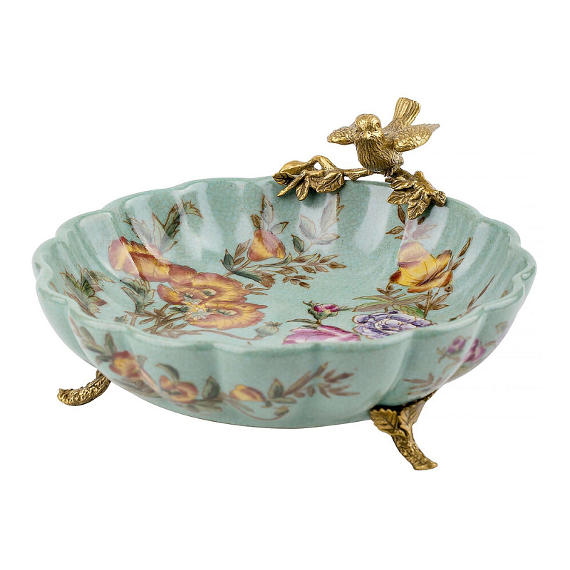 Блюдо из голубого фарфора с бронзовой птичкой Blue Garden Голубой Бронза Мульти в Рязани | Loft Concept 