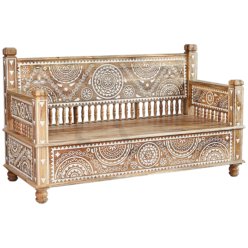 Скамья с резным декором из массива манго Grey Mango Collection Bench M Древесина Белый Скамья с резным декором из массива манго Grey Mango Collection Bench M Древесина Белый в Рязани | Loft Concept