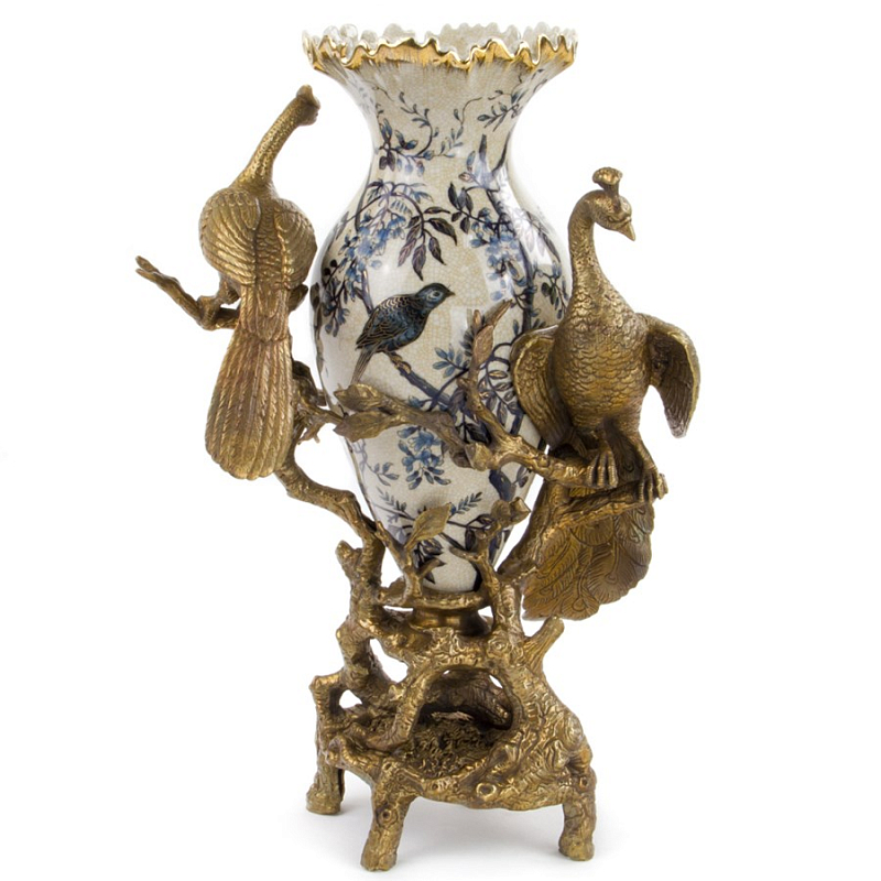 Ваза Bronze Peacocks Vase Белый Бронза Синий Ваза Bronze Peacocks Vase Белый Бронза Синий в Рязани | Loft Concept