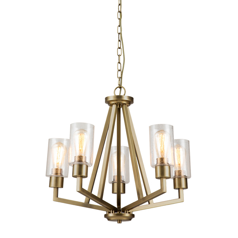 Люстра цвета латунь с 5-ю цилиндрическими плафонами из прозрачного пузырчатого стекла Kichler Латунь Прозрачное Стекло в Рязани | Loft Concept 