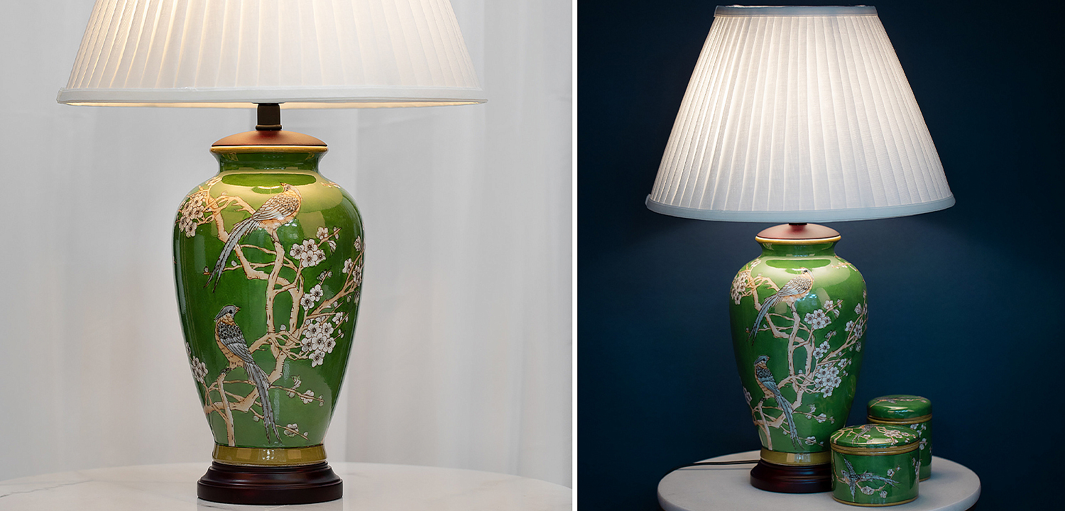 Настольная лампа с абажуром Birds Green Chinoiserie Lampshade Настольная лампа с абажуром Birds Green Chinoiserie Lampshade - Loft-Concept в Рязани