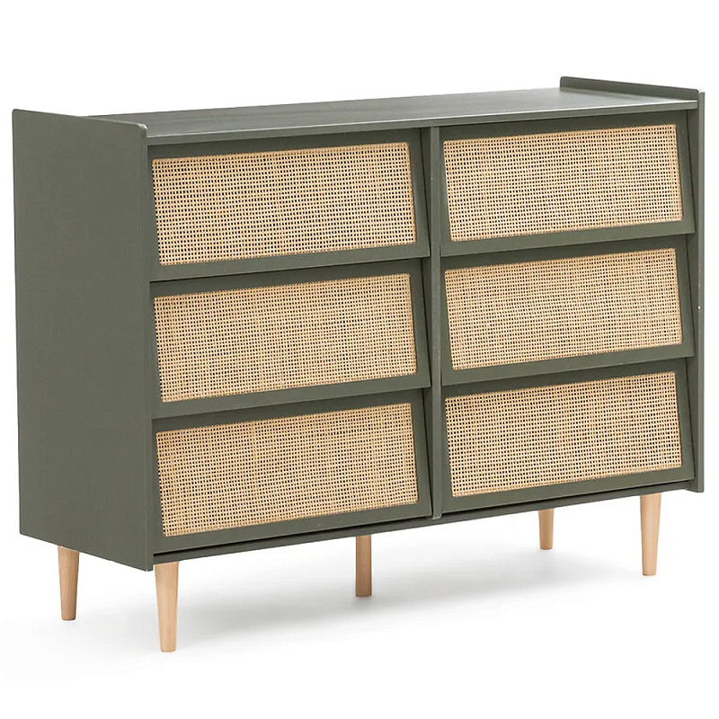 Комод с 6-ю ящиками из плетеного ротанга Remi Green Wicker Furniture Зеленый Древесина Бежевый Комод с 6-ю ящиками из плетеного ротанга Remi Green Wicker Furniture Зеленый Древесина Бежевый в Рязани | Loft Concept