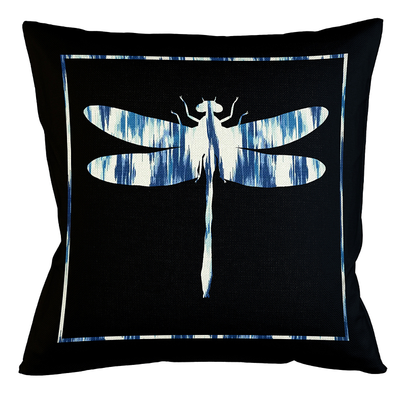 Подушка декоративная стрекоза с синим узором Ikat Pattern Черный Белый Синий Бежевый Подушка декоративная стрекоза с синим узором Ikat Pattern Черный Белый Синий Бежевый в Рязани | Loft Concept