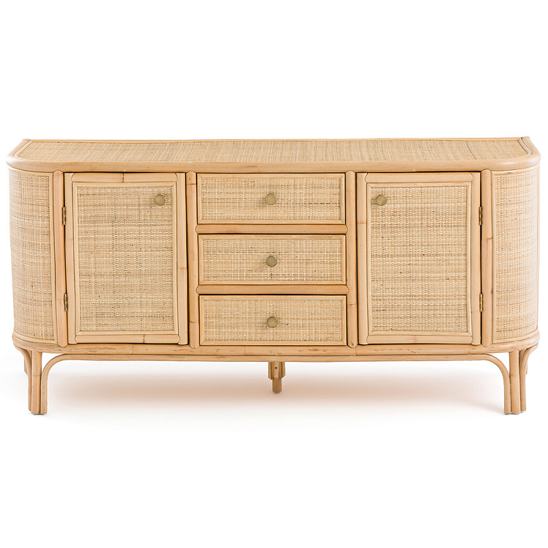 Длинный комод из ротанга с дверцами и ящиками Simone Rattan Chest of Drawers Древесина Латунь Длинный комод из ротанга с дверцами и ящиками Simone Rattan Chest of Drawers Древесина Латунь в Рязани | Loft Concept