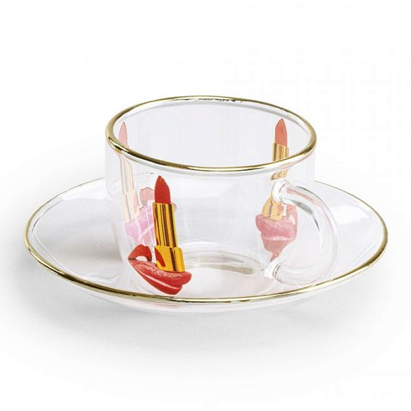 Кофейная пара Seletti Tongue Прозрачный Золотой Красный в Рязани | Loft Concept 