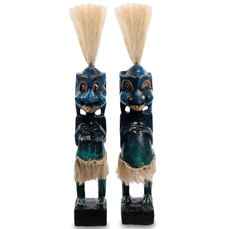 Комплект из 2-х деревянных статуэток Asmat Straw Headdress Statuettes Blue Синий Бирюзовый Бежевый Комплект из 2-х деревянных статуэток Asmat Straw Headdress Statuettes Blue Синий Бирюзовый Бежевый в Рязани | Loft Concept