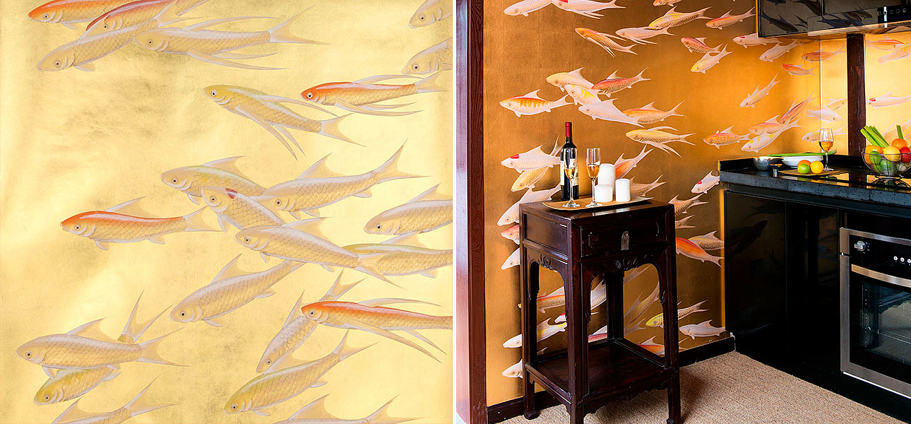 Обои ручная роспись Fishes Koi on Deep Rich Gold gilded paper Обои ручная роспись Fishes Koi on Deep Rich Gold gilded paper - Loft-Concept в Рязани