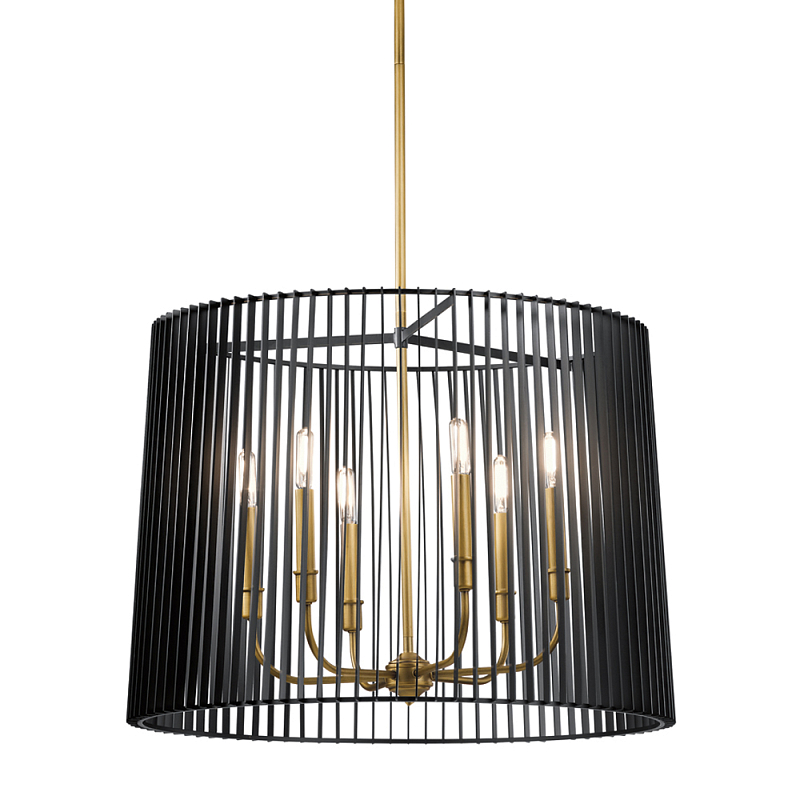 Люстра цвета латунь с 6-ю лампами свечами внутри цилиндрического абажура из черных металлических реек Kichler Латунь Черный в Рязани | Loft Concept 