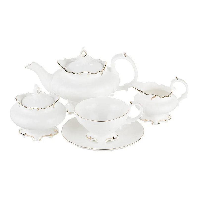 Чайный сервиз белого цвета из фарфора на 6 персон 15 предметов Shine Porcelain Белый Золотой Чайный сервиз белого цвета из фарфора на 6 персон 15 предметов Shine Porcelain Белый Золотой в Рязани | Loft Concept