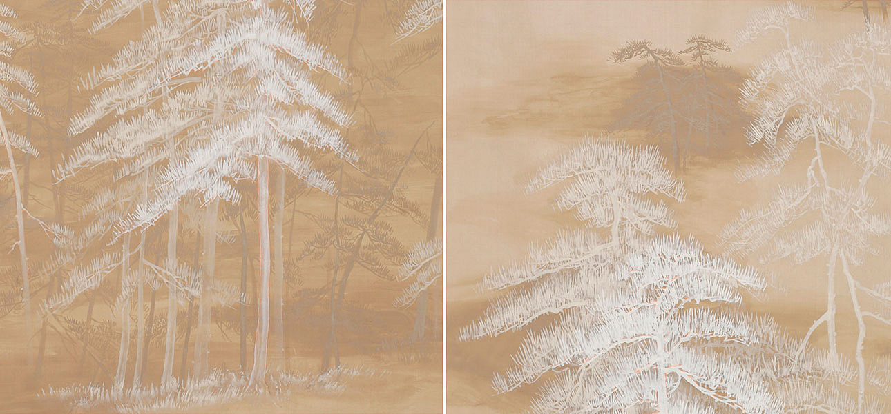 Обои ручная роспись Abstract Pines Original colourway on Stone Ochre dyed silk Обои ручная роспись Abstract Pines Original colourway on Stone Ochre dyed silk - Loft-Concept в Рязани