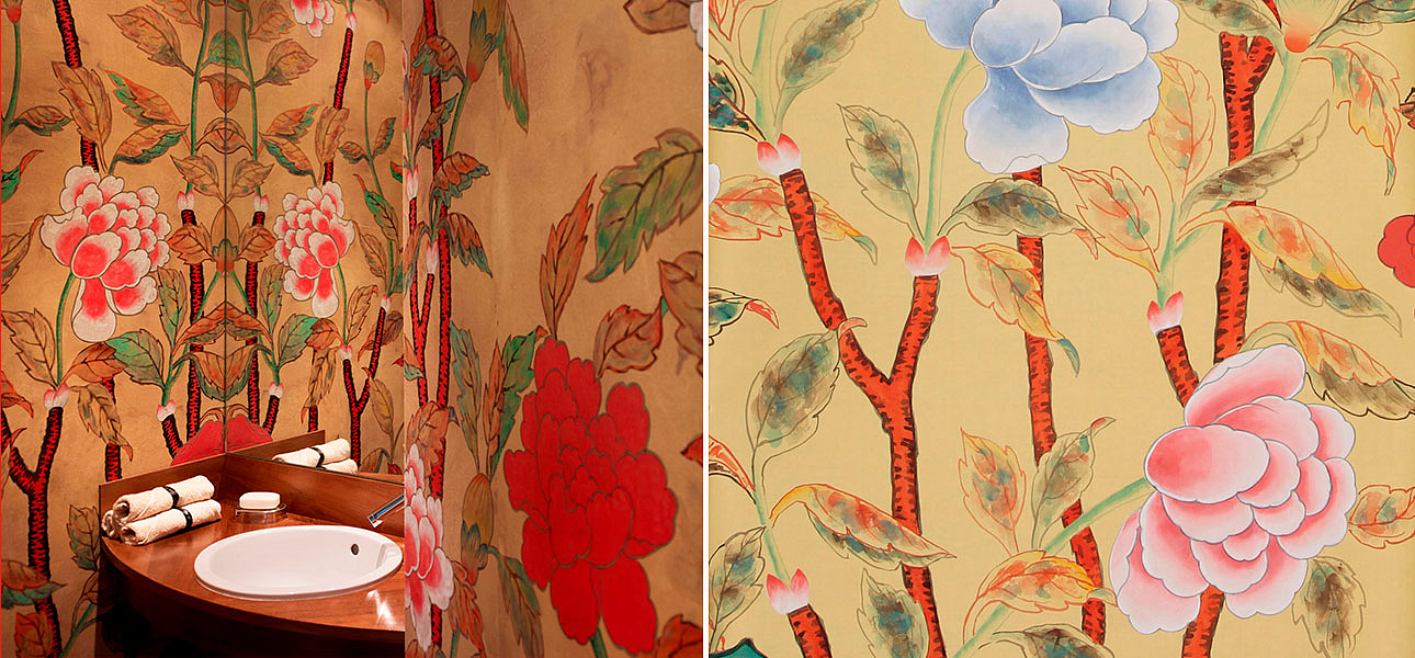 Обои ручная роспись Korean Peony Original colourway on Sienna Earth dyed silk Обои ручная роспись Korean Peony Original colourway on Sienna Earth dyed silk - Loft-Concept в Рязани
