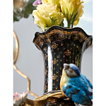 Ваза черная фарфоровая с  узором и бронзовым декором в виде веток с фарфоровой птичкой и цветами Eden Garden варинант исполнения - 4 | Loft Concept в Рязани