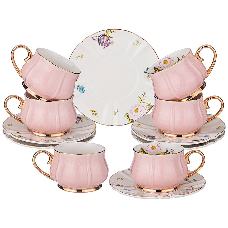 Чайный набор из фарфора на 6 персон 12 предметов Tea Porcelain Set Белый Золотой Розовый Чайный набор из фарфора на 6 персон 12 предметов Tea Porcelain Set Белый Золотой Розовый в Рязани | Loft Concept