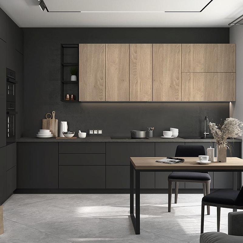 Черный матовый кухонный гарнитур с фасадом под дерево Renart Kitchen Set Черный матовый Древесина Черный матовый кухонный гарнитур с фасадом под дерево Renart Kitchen Set Черный матовый Древесина в Рязани | Loft Concept