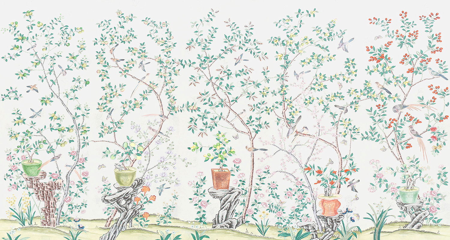 Обои ручная роспись Jardinieres & Citrus Trees Natural Mica Обои ручная роспись Jardinieres & Citrus Trees Natural Mica - Loft-Concept в Рязани