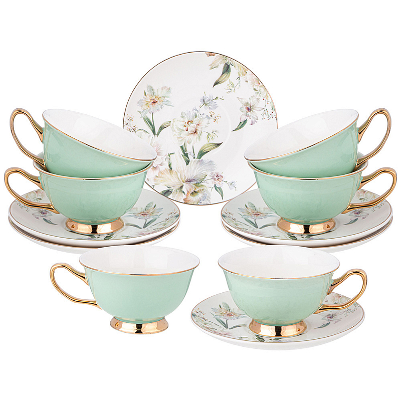 Чайный набор из фарфора на 6 персон Tea Porcelain Set Белый Золотой Зеленый Чайный набор из фарфора на 6 персон Tea Porcelain Set Белый Золотой Зеленый в Рязани | Loft Concept