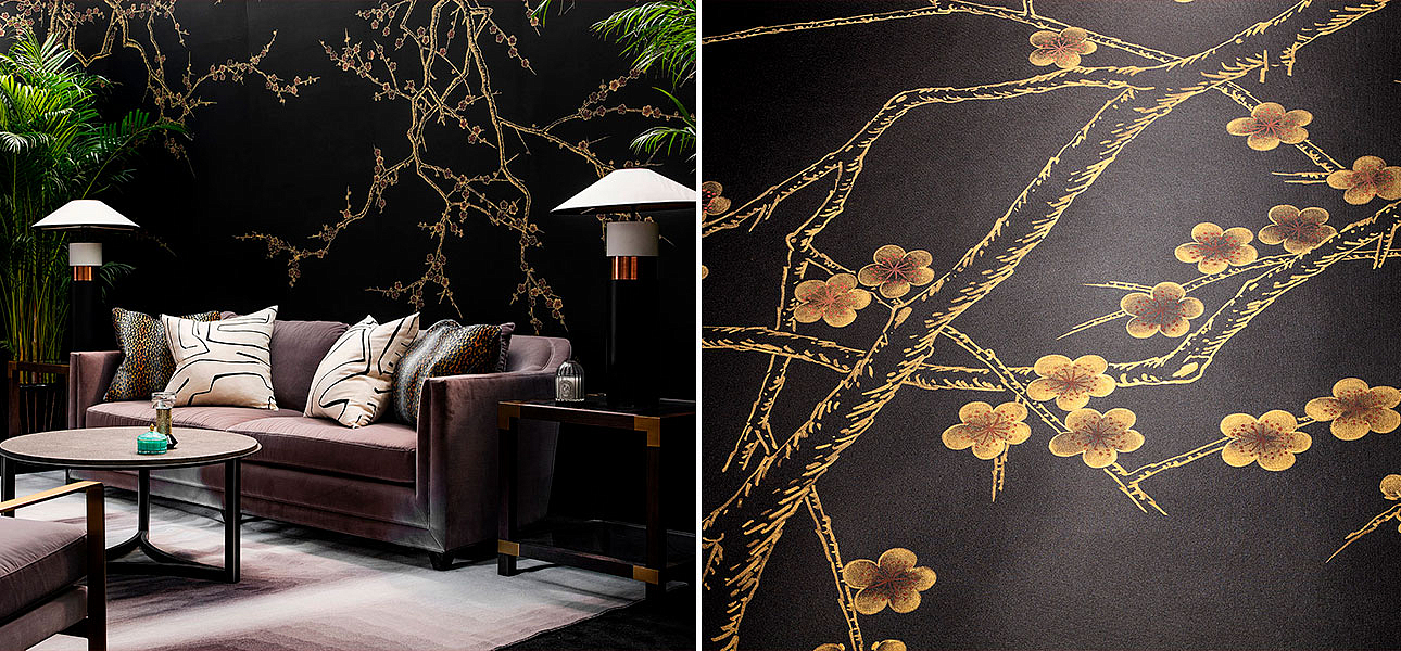 Обои ручная роспись Plum Blossom Colourway SC-226 on black painted silk Обои ручная роспись Plum Blossom Colourway SC-226 on black painted silk - Loft-Concept в Рязани