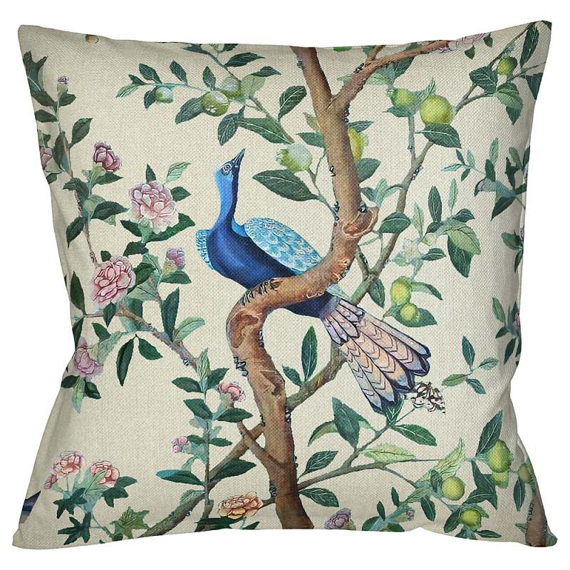 Подушка декоративная с изображением птицы в саду Beige Chinoiserie Blue Bird in the Garden Cushion Мульти Бежевый Подушка декоративная с изображением птицы в саду Beige Chinoiserie Blue Bird in the Garden Cushion Мульти Бежевый в Рязани | Loft Concept