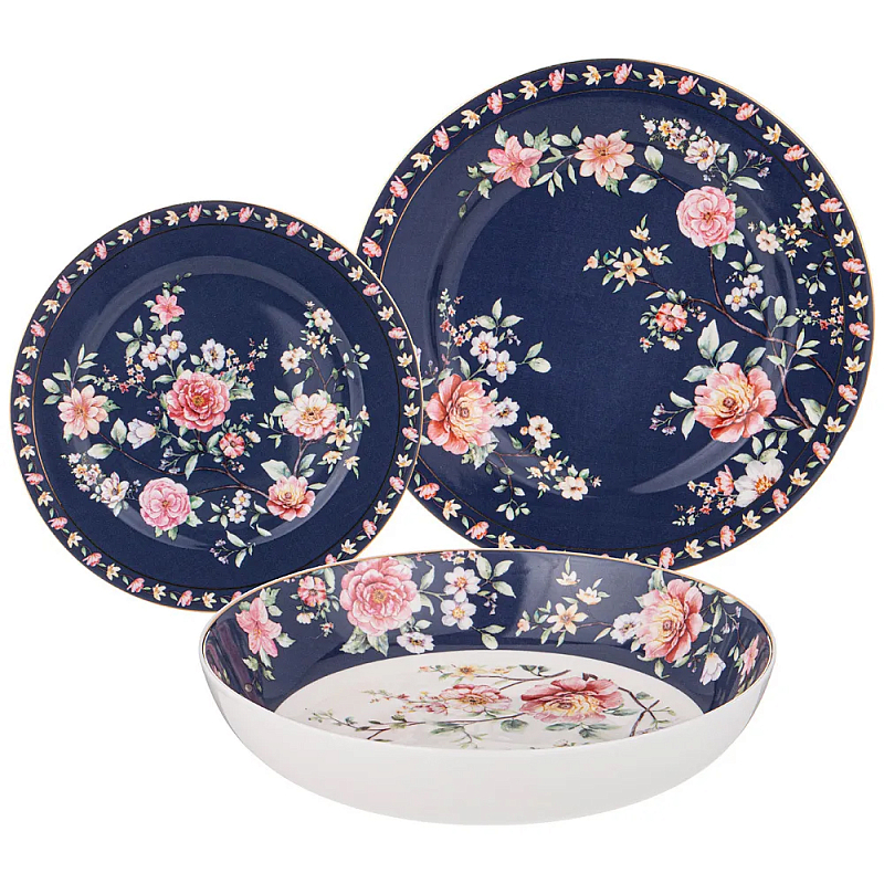 Набор посуды обеденный из фарфора на 6 персон 18 предметов Flower Porcelain Collection Синий Красный Зеленый в Рязани | Loft Concept 