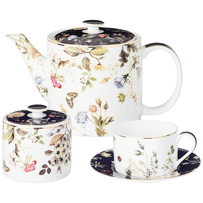 Чайный сервиз из фарфора с цветочным принтом на 6 персон 14 предметов Garden Whisper Porcelain Set Белый Темно-синий Мульти Чайный сервиз из фарфора с цветочным принтом на 6 персон 14 предметов Garden Whisper Porcelain Set Белый Темно-синий Мульти в Рязани | Loft Concept
