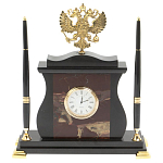 Часы настольные с Гербом России и 2-мя шариковыми ручками в комплекте Stone Clock варинант исполнения - 4 | Loft Concept в Рязани