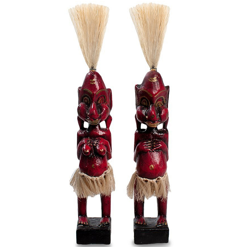 Комплект из 2-х деревянных статуэток Asmat Straw Headdress Statuettes Red Красный Черный Бежевый Комплект из 2-х деревянных статуэток Asmat Straw Headdress Statuettes Red Красный Черный Бежевый в Рязани | Loft Concept