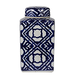 Ваза прямоугольной формы с крышкой и геометрическим узором в сине-белых цветах Blue & White Ornament  варинант исполнения - 1 | Loft Concept в Рязани