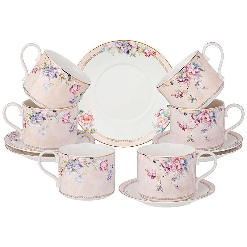 Чайный набор из фарфора с цветочным принтом на 6 персон 12 предметов Flower Porcelain Collection Розовый Мульти Чайный набор из фарфора с цветочным принтом на 6 персон 12 предметов Flower Porcelain Collection Розовый Мульти в Рязани | Loft Concept