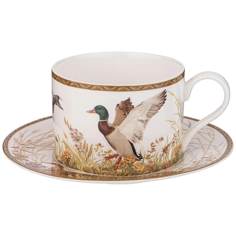 Чайная пара из фарфора с изображением утки и лисы 300 мл Hunting Porcelain Collection Белый Коричневый Чайная пара из фарфора с изображением утки и лисы 300 мл Hunting Porcelain Collection Белый Коричневый в Рязани | Loft Concept