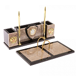 Настольный письменный набор из бежевого мрамора с часами и гербом Marble Accessory варинант исполнения - 2 | Loft Concept в Рязани