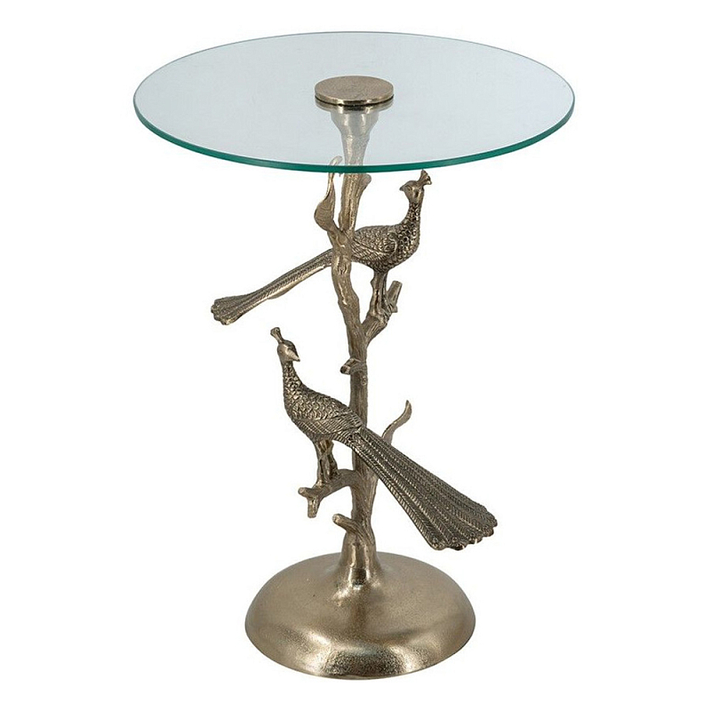 Столик с круглой стеклянной столешницей и корпусом в виде двух павлинов на ветке Table Two Peacocks Золотой Прозрачный в Рязани | Loft Concept 