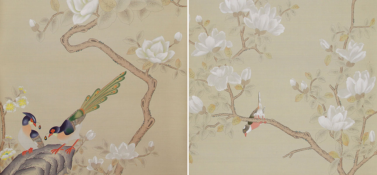 Обои ручная роспись Japanese Garden Special Colourway on Faint Gold metallic silk Обои ручная роспись Japanese Garden Special Colourway on Faint Gold metallic silk - Loft-Concept в Рязани