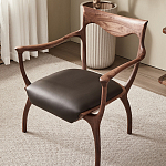 Стул деревянный с мягким сиденьем из коричневой натуральной кожи Moon Walnut Furniture варинант исполнения - 5 | Loft Concept в Рязани